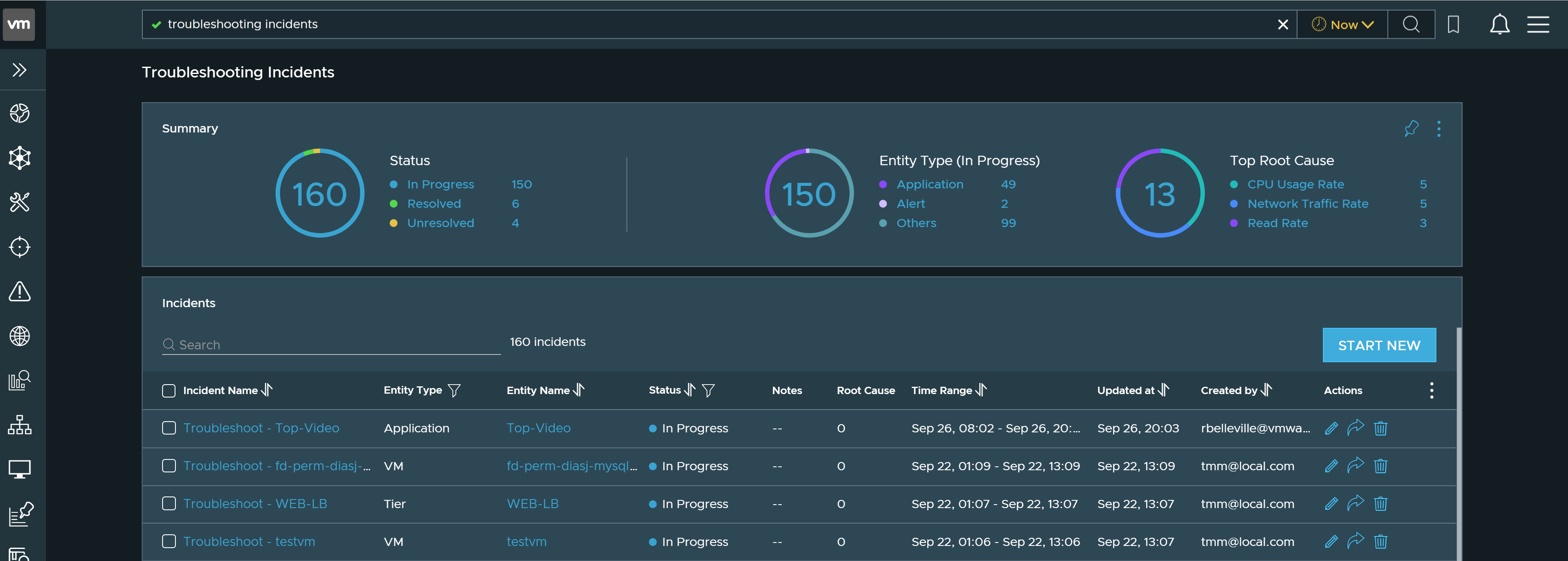 The new Troubleshooting Incidents page that can be used to manage all the troubleshooting incidents.